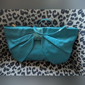 Vintage High Fashion Handbags 80's Turquoise Leather Bow-Front Women's Tote Bag
